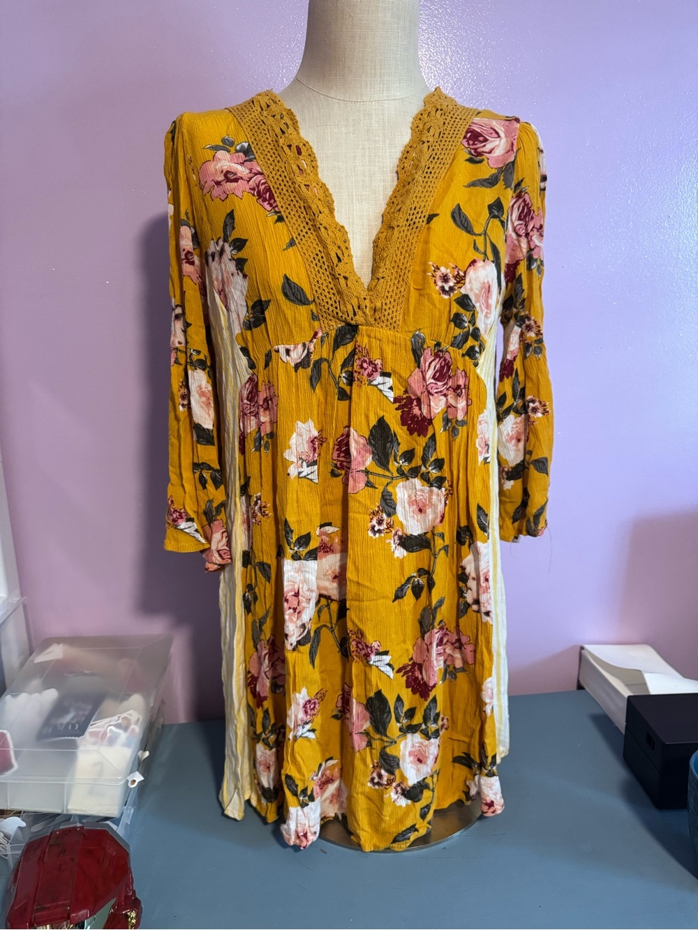Umgee Mustard Floral V-Neck Crochet-Trim Mini Dress - Picture 1 of 3